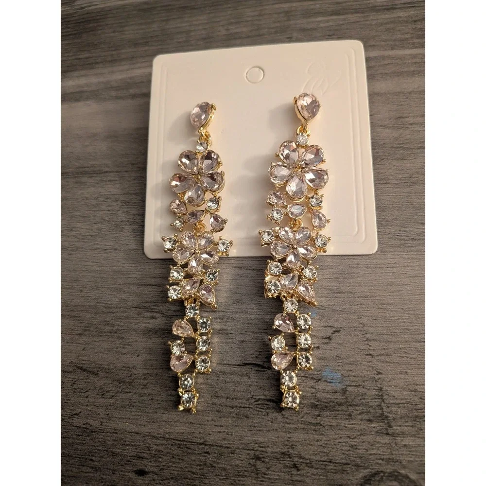 Gold Tone Pink Floral Crystal Drop Statement Earrings Wedding Formal Dangle